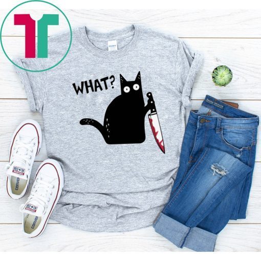 Offcial What Black Cat Holding Knife Funny Halloween T Shirt