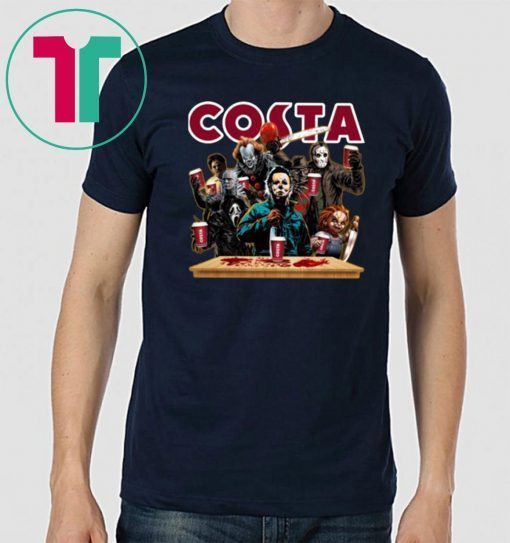 Horror Characters Drinking Costa T-shirt Funny Halloween Gift