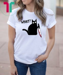 What Black Cat Holding Knife Funny Halloween T-Shirt