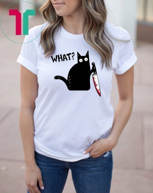 What Black Cat Holding Knife Funny Halloween T-Shirt