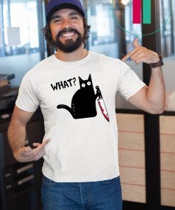 What Black Cat Holding Knife Funny Halloween T-Shirt