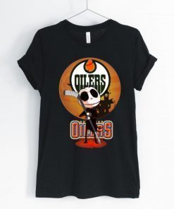 Jack Skellington Holding Hockey Stick Edmonton Oilers T-Shirt