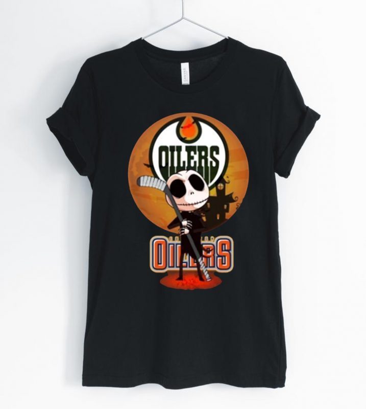 Jack Skellington Holding Hockey Stick Edmonton Oilers T-Shirt