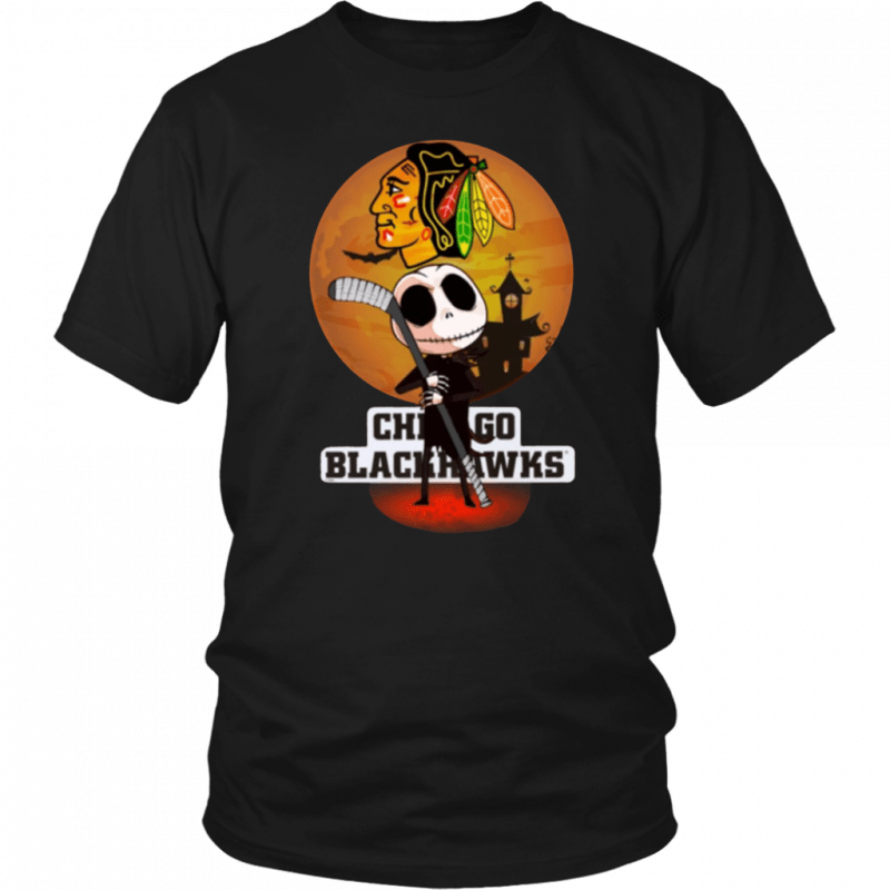 Jack Skellington Holding Hockey Stick Chicago Blackhawks Halloween Costume Tee Shirt