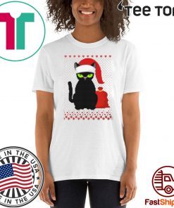 Womens Santa Hat Xmas Cat Knitted Christmas Tee Shirt