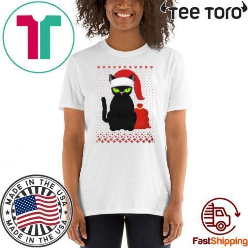 Womens Santa Hat Xmas Cat Knitted Christmas Tee Shirt