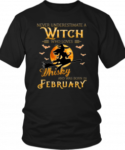 Never Underestimate A February Witch Who Loves Whisky Birthday Halloween Costume T-Shirt