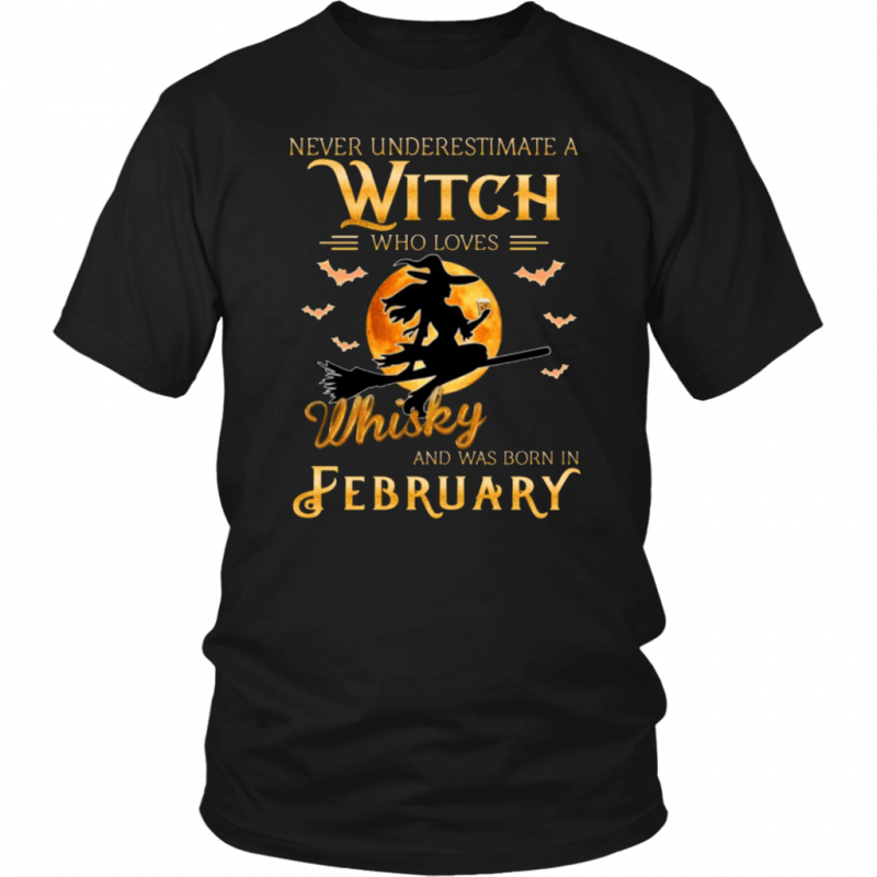 Never Underestimate A February Witch Who Loves Whisky Birthday Halloween Costume T-Shirt