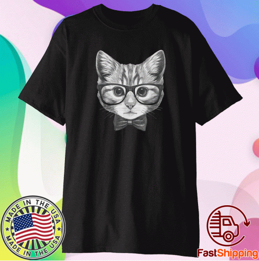 Cute Smart Cat Wearing Glasses Bow Tie Animal Lover Shirt