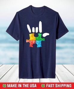 Autism Awareness Hand Rock and Roll Puzzle Pieces T-Shirt