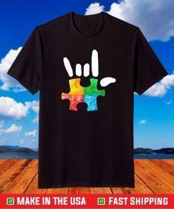 Autism Awareness Hand Rock and Roll Puzzle Pieces T-Shirt