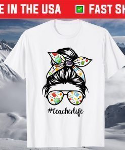 Teacher Messy Bun Life Hair Glasses School Supplies T-Shirt