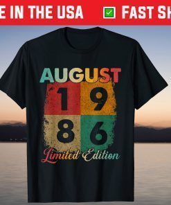 35th Birthday 1986 Vintage August Limited Edition T-Shirt