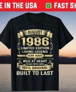 Vintage 33 Years Old August 1986 33rd Birthday T-Shirt