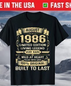 Vintage 33 Years Old August 1986 33rd Birthday T-Shirt