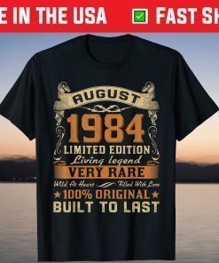 37th Birthday 37 Years Old Retro Vintage August 1984 T-Shirt