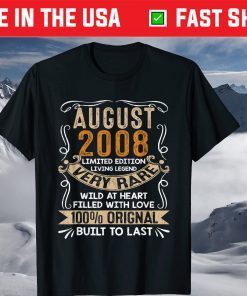 Born In August 2008 Vintage 13Th Birthday 13 Years Old T-Shirt