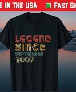 Vintage Legend Since September 2007 14th Birthday 14 Years Old Shirt