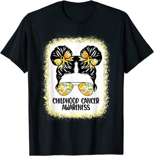 Childhood Cancer Awareness Messy Bun Gold Ribbon Kids T-Shirt