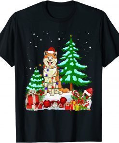 Akita Dog Wearing Christmas Hat Tree Lights Shirt