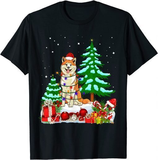 Akita Dog Wearing Christmas Hat Tree Lights Shirt