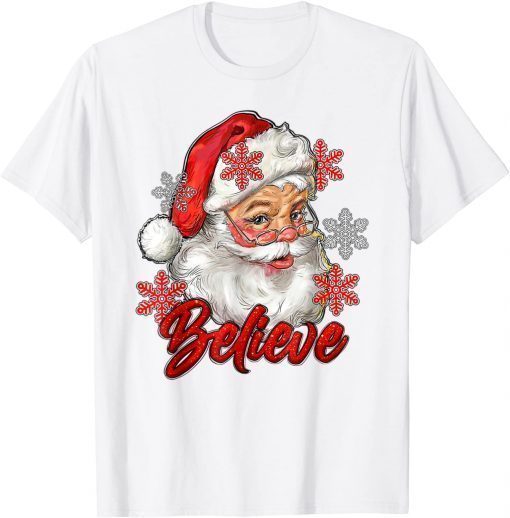Vintage Snow And Santa Claus Merry Christmas Believe Christ Tee Shirt