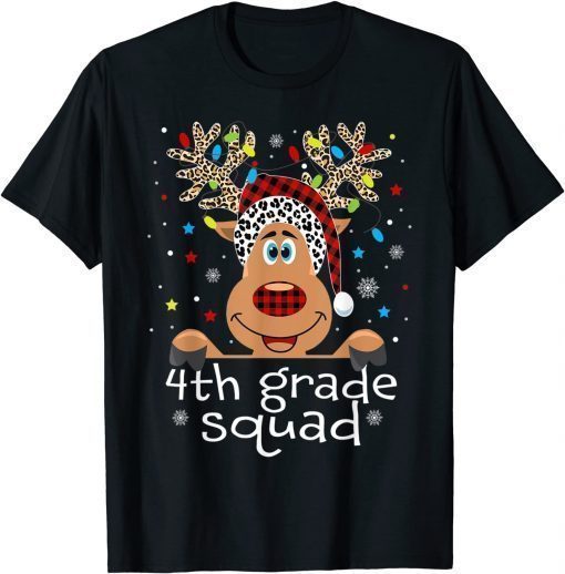 4th Grade Squad Plaid Reindeer Santa Hat Teacher Christmas T-Shirt