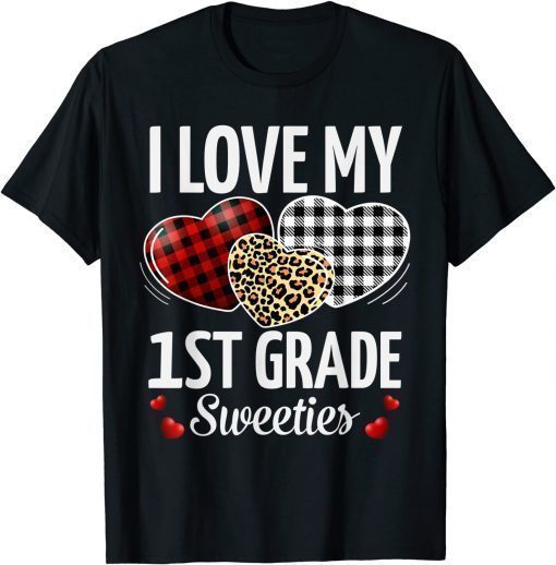 Heart Leopard Buffalo Plaid Valentines Day 1st Grade T-Shirt