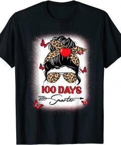 100 Days Smarter Happy 100th Day Of School Leopard Messy Bun Classic T-Shirt