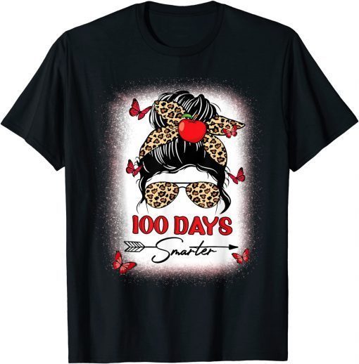 100 Days Smarter Happy 100th Day Of School Leopard Messy Bun Classic T-Shirt