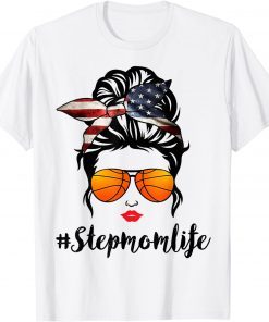 Basketball Stepmom Life Messy Bun American Flag Bandana Gift T-Shirt