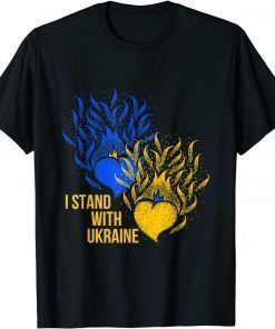 Ukraine Supporter Flag Color Blue Yellow Fire Hearts T-Shirt