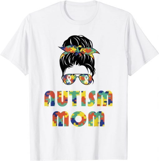 Autism Awareness Mom Messy Bun Puzzle Mother’s Day T-Shirt