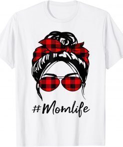 Mom Life Messy Bun Hair Leopard red plaid Happy Mother's Day T-Shirt