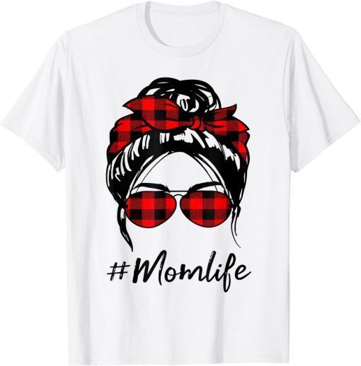 Mom Life Messy Bun Hair Leopard red plaid Happy Mother's Day T-Shirt