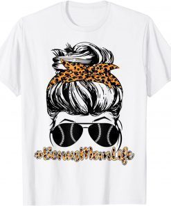 Baseball Softball Bonus Mom Leopard Mother's Day Messy Bun T-Shirt