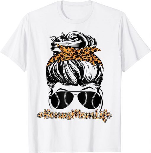 Baseball Softball Bonus Mom Leopard Mother's Day Messy Bun T-Shirt