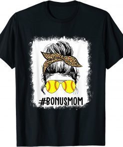 Bleached Softball Bonus Mom Life Leopard Messy Bun Game Day T-Shirt