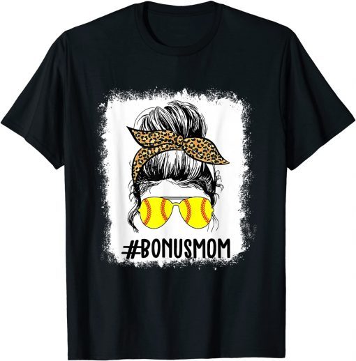 Bleached Softball Bonus Mom Life Leopard Messy Bun Game Day T-Shirt