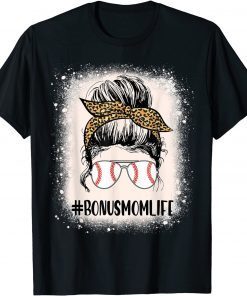 Bleached T-ball Bonus Mom Life Messy Bun Leopard Softball T-Shirt