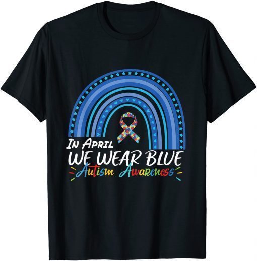 In April We Wear Blue Autism Rainbow Awareness Month Puzzle T-Shirt