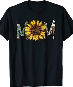 Western Cowhide Turquoise Sunflower Floral Mom Leopard Print T-Shirt