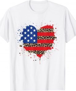 4th of July USA Love Heart Leopard Plaid American Flag T-Shirt