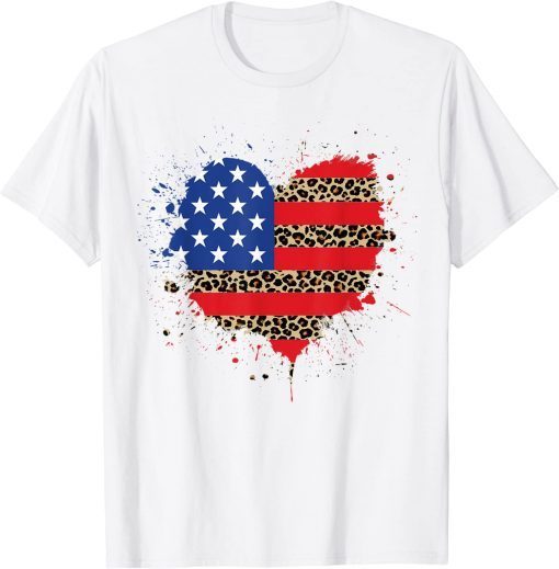 4th of July USA Love Heart Leopard Plaid American Flag T-Shirt