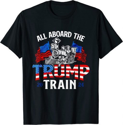 All Aboard Trump Train 2024 Vintage American Flag T-Shirt