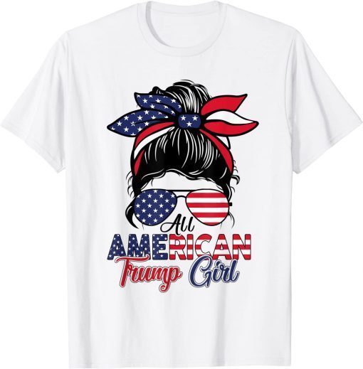 All American Trump Girl USA Flag Messy Bun 4th Of July Women T-Shirt