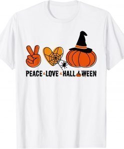 Halloween Skeleton Peace Love Halloween With Scary Pumpkin T-Shirt