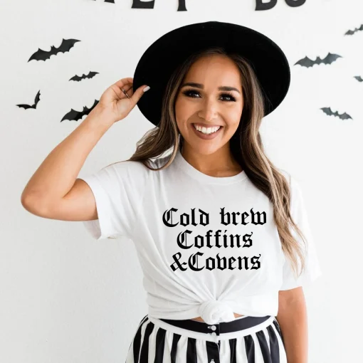 Cold Brew,Coffins & Covens Halloween T-Shirt