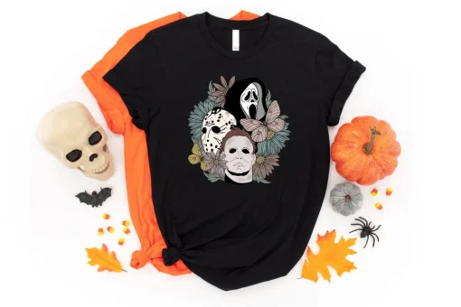 Halloween Scream, Jason, Michael Myers, Horror movie Floral shirt