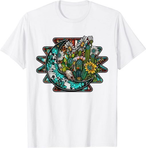 Western Country Boho Cactus Sunflower Aztec Moon T-Shirt